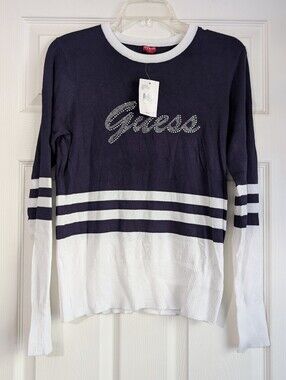 NWT Guess Navy Blue & White Sweater With Studded Logo Size L